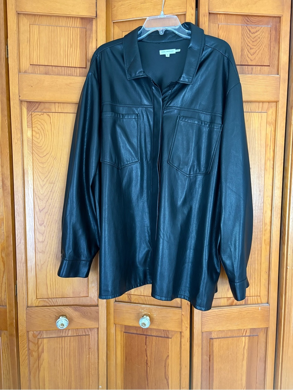 Good American Black Faux Leather Shirt Jacket Relaxed